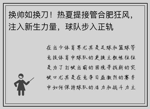 换帅如换刀！热夏提接管合肥狂风，注入新生力量，球队步入正轨