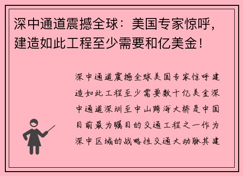 深中通道震撼全球：美国专家惊呼，建造如此工程至少需要和亿美金！