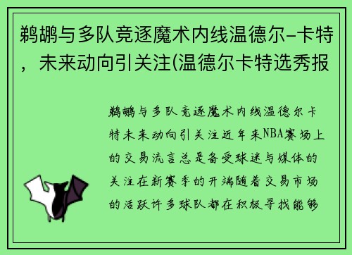 鹈鹕与多队竞逐魔术内线温德尔-卡特，未来动向引关注(温德尔卡特选秀报告)