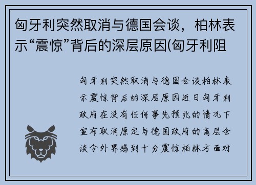 匈牙利突然取消与德国会谈，柏林表示“震惊”背后的深层原因(匈牙利阻止欧盟)