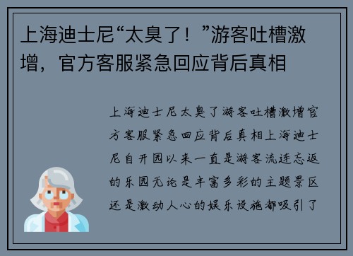 上海迪士尼“太臭了！”游客吐槽激增，官方客服紧急回应背后真相