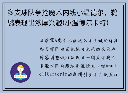 多支球队争抢魔术内线小温德尔，鹈鹕表现出浓厚兴趣(小温德尔卡特)